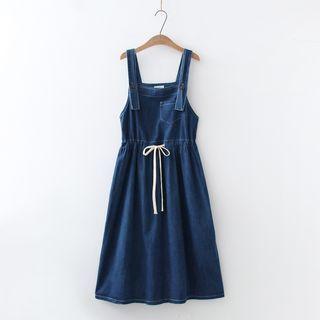 Drawstring Denim Midi Overall Dress Navy Blue - One Size