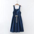 Drawstring Denim Midi Overall Dress Navy Blue - One Size