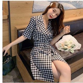 Short-sleeve Mini Plaid A-line Dress As Shown In Figure - One Size
