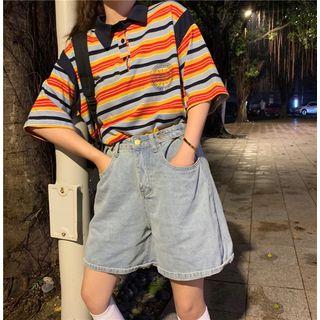 Striped Short Sleeve Polo Neck Top