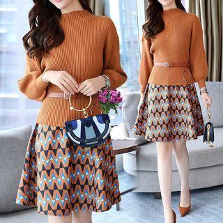 Set: Plain Knit Top + Patterned Mini Skirt