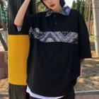 Elbow-sleeve Printed Panel Collared T-shirt