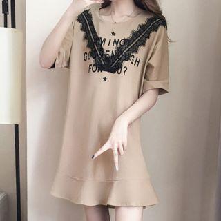 Lettering Lace Panel Elbow-sleeve T-shirt Dress