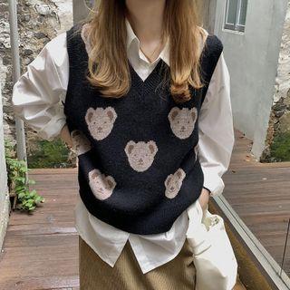 Sleeveless V-neck Bear Print Knit Top