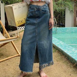 Fray Hem Slit Denim Maxi A-line Skirt