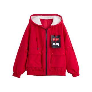 Patched Drawstring Hooded Zip Jacket