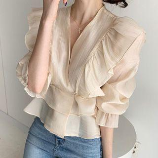 3/4-sleeve Ruffle Blouse Beige - One Size