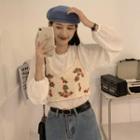 Long-sleeve Top / Floral Embroidery Spaghetti Strap Top