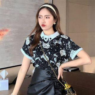 Short-sleeve Cat Print Chiffon Blouse