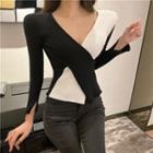 Long-sleeve Color-block Knit Top As Shown In Figure - One Size