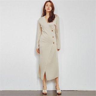 V-neck Button-trim Knit Dress