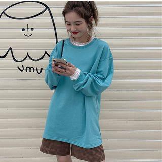 Flower Detail Long-sleeve Mesh Top / Plain Oversize Long-sleeve T-shirt / Plaid High-waist Wide-leg Shorts