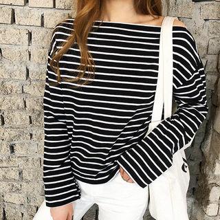 Off-shoulder Slit-cuff Stripe Top