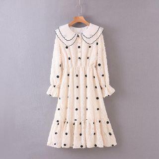 Fringed Dotted Bell-sleeve Midi A-line Dress