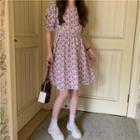Puff-sleeve Floral Mini A-line Dress Pink - One Size
