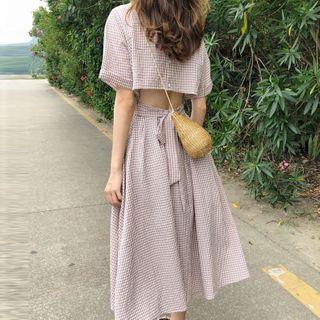 Open-back Plaid Short-sleeve Midi A-line Dress
