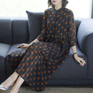 3/4-sleeve Polka Dot Midi Chiffon Shirtdress