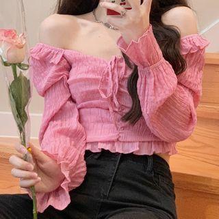 Puff-sleeve Off Shoulder Blouse / Straight-leg Jeans