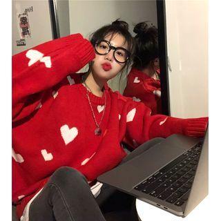 Heart Print Loose-fit Knit Sweater