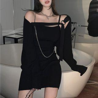 Spaghetti Strap Chain Detail Mini Sheath Dress / Buckled Knit Shrug