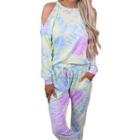 Set: Cold-shoulder Tie-dye Print Sweatshirt + Sweatpants