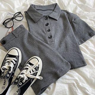 Short-sleeve Plain Polo Collar Top / High-waist Plain A-line Mini Skirt