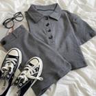 Short-sleeve Plain Polo Collar Top / High-waist Plain A-line Mini Skirt