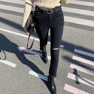 Seam-trim Distressed Cropped Skinny Pants