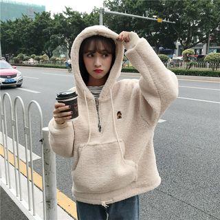 Embroidered Zip Placket Hoodie Almond - One Size