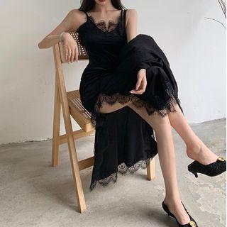 Lace Trim Strappy Midi Dress Black - One Size