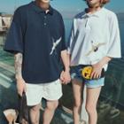 Couple Matching Crane Embroidered Elbow-sleeve T-shirt