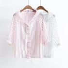 Hooded 3/4-sleeve Striped Blouse
