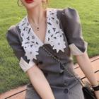 Elbow-sleeve Double Breasted Lace Collar Mini Dress