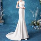 Asymmetric Neckline Sleeveless Lace Panel Mermaid Wedding Gown