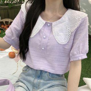 Eyelet Trim Collared Elbow-sleeve Blouse