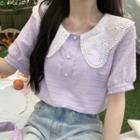 Eyelet Trim Collared Elbow-sleeve Blouse