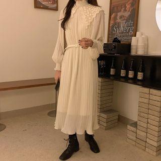 Long-sleeve Lace Collar Mock-neck Midi Dress Almond - One Size