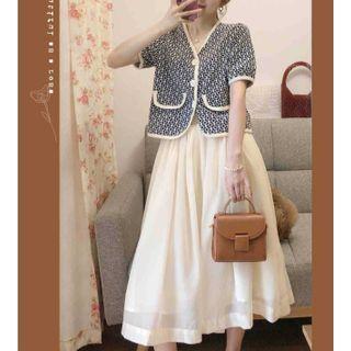 Short-sleeve Single-breasted Jacket / Midi A-line Skirt