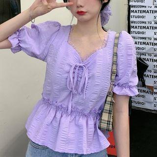 V-neck Puff Sleeve Plain Top