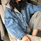 Mock Two Piece Hooded Buttoned Denim Jacket Blue - One Size