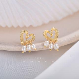 925 Sterling Silver Heart Faux Pearl Fringed Earring 1 Pair - Gold - One Size