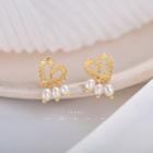925 Sterling Silver Heart Faux Pearl Fringed Earring 1 Pair - Gold - One Size