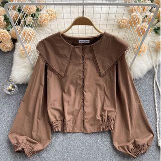 Lantern-sleeve Peter Pan Collar Lace Trim Shirt