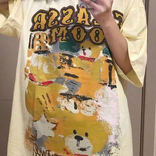 Elbow-sleeve Lettering Dog Print T-shirt