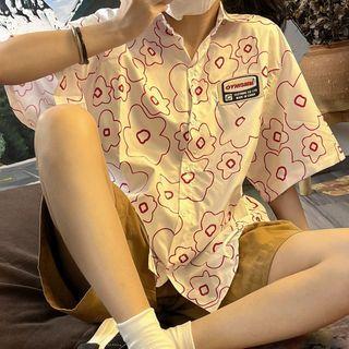Elbow-sleeve Floral Lettering Shirt