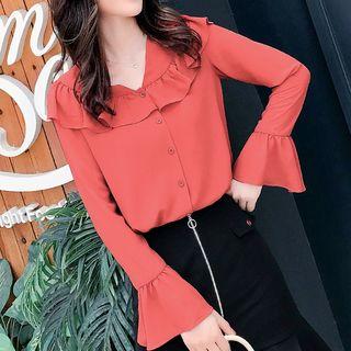Ruffle Trim Long-sleeve Chiffon Blouse