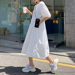 Puff-sleeve Shirred Midi Dress