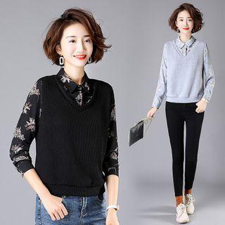Mock Two-piece Knit Panel Floral Blouse