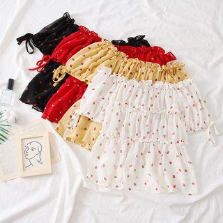 Boatneck Strawberry-print Sheer Chiffon Top