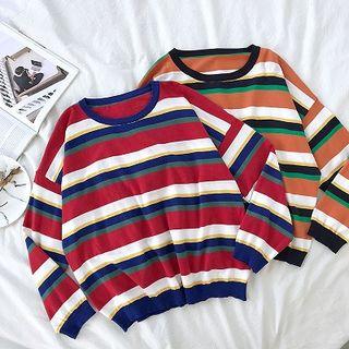 Rainbow-color Striped Long-sleeve Knit Top